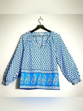 J. CREW Womens Block-Print Artist Top Malibu Blue White Floral Size Large Petite